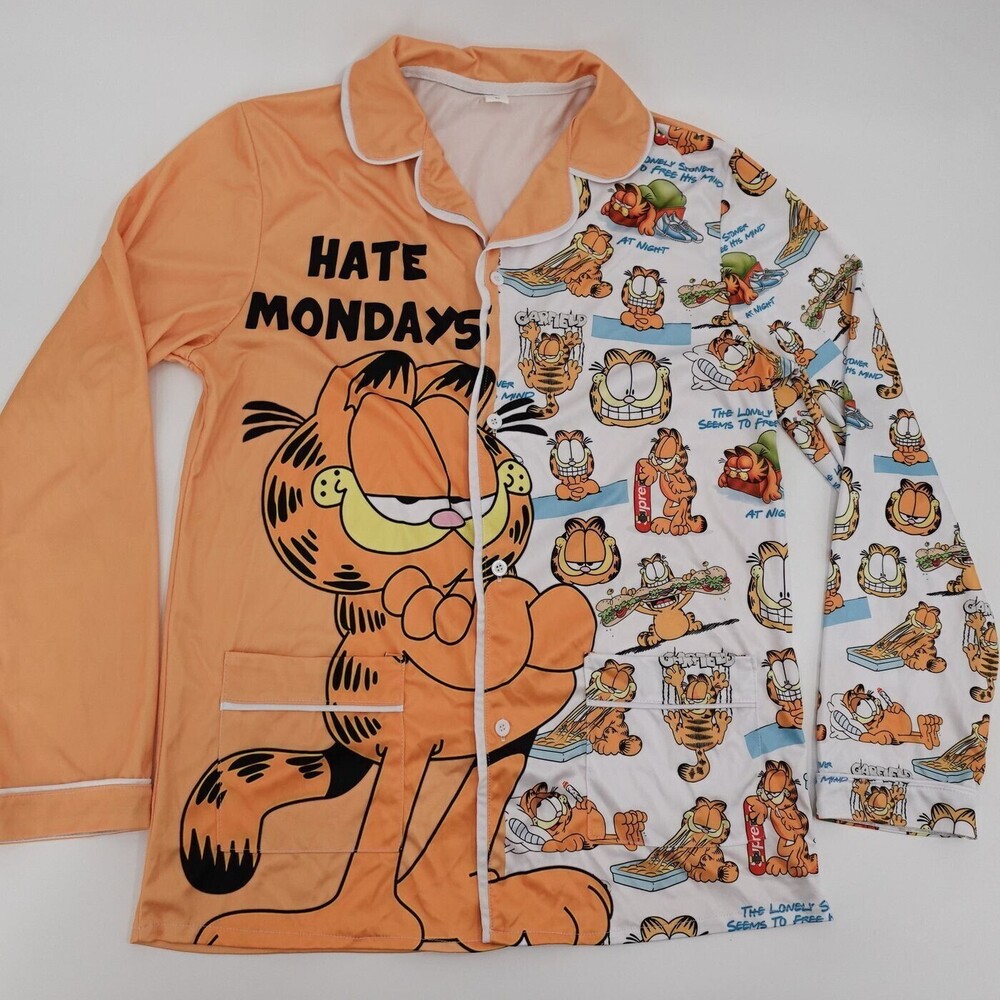 Garfield Hate Mondays Pajama Top Adult Large Orange Graphic Button Up Sleepwear